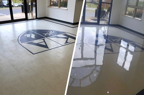 Side-by-side comparison of a tile floor before and after it was cleaned and polished